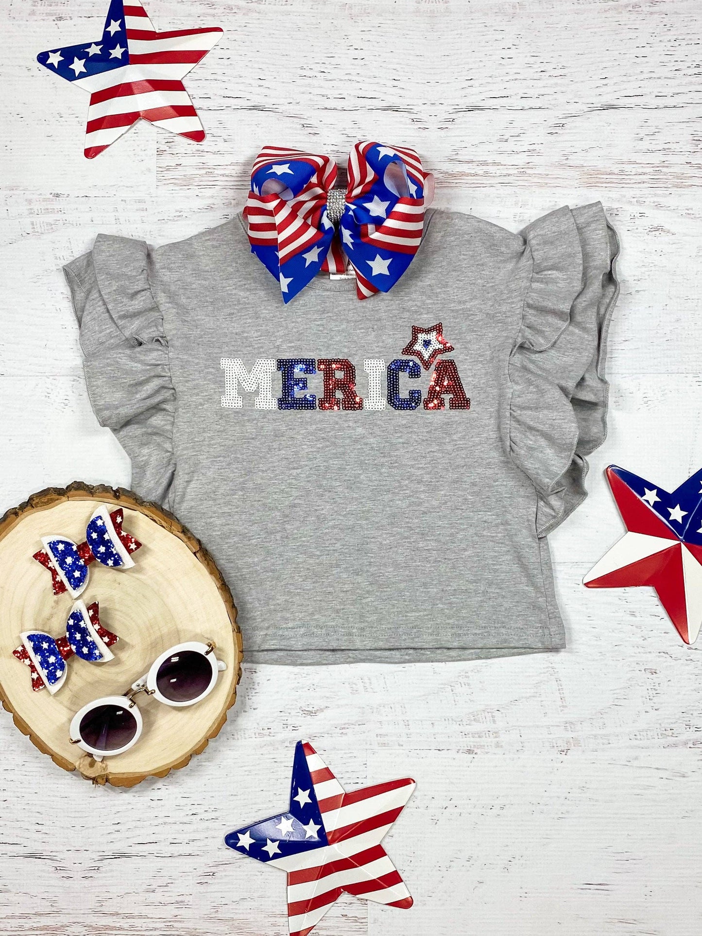 'Merica Ruffle Sleeve Grey Top: 8y