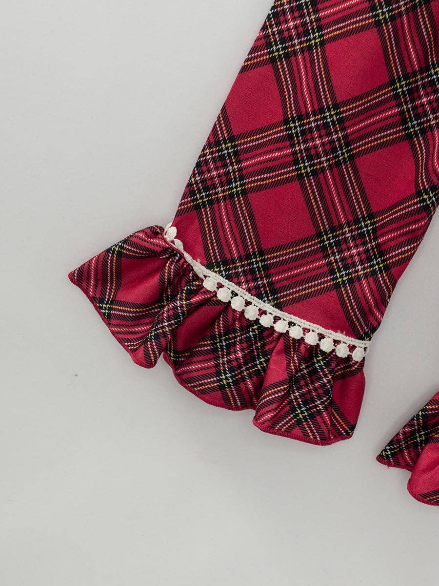 Red Plaid Ribbon Ruffle Girl Outfit Pajamas: 7Y