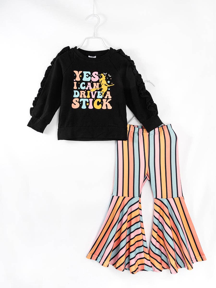 Halloween Stripe Ruffle Girl Bell Pant Set: 7Y