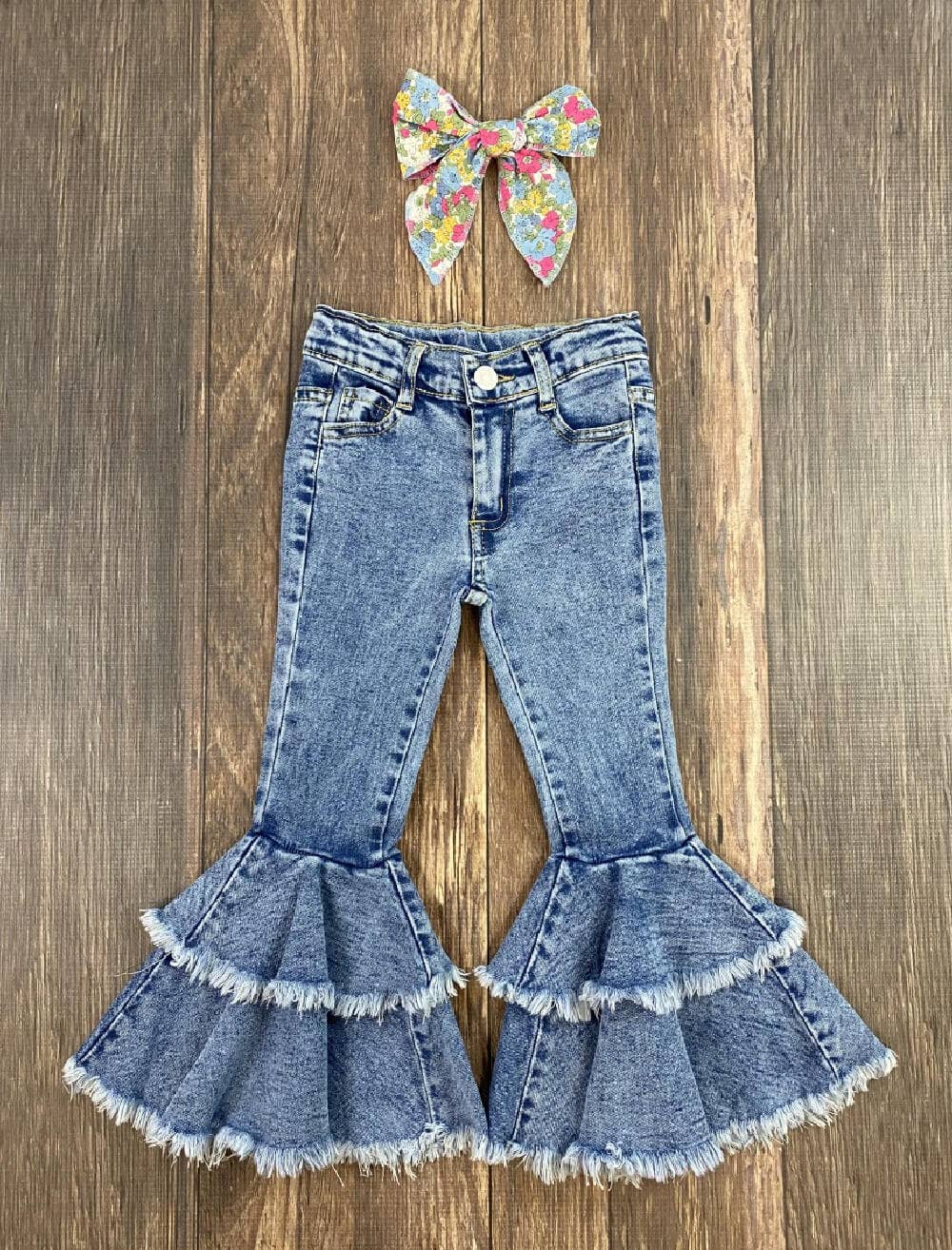 Frayed Double Bell Bottom Blue Jeans: 8y