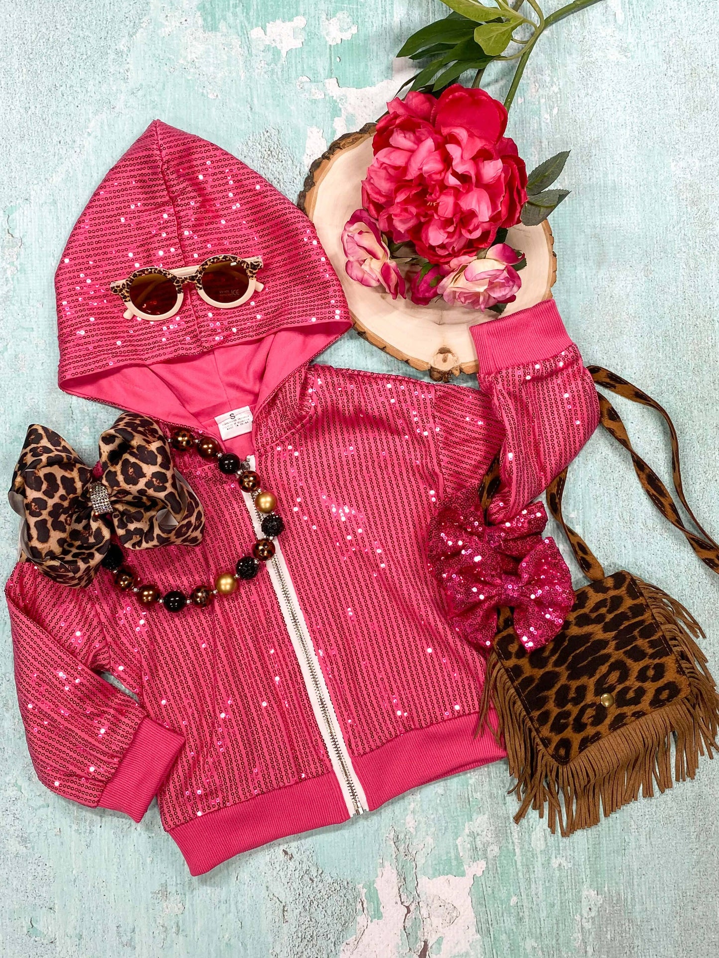 Pink Sequin Zip Up Hooded Jacket: 8y