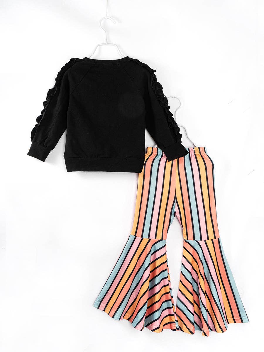 Halloween Stripe Ruffle Girl Bell Pant Set: 7Y