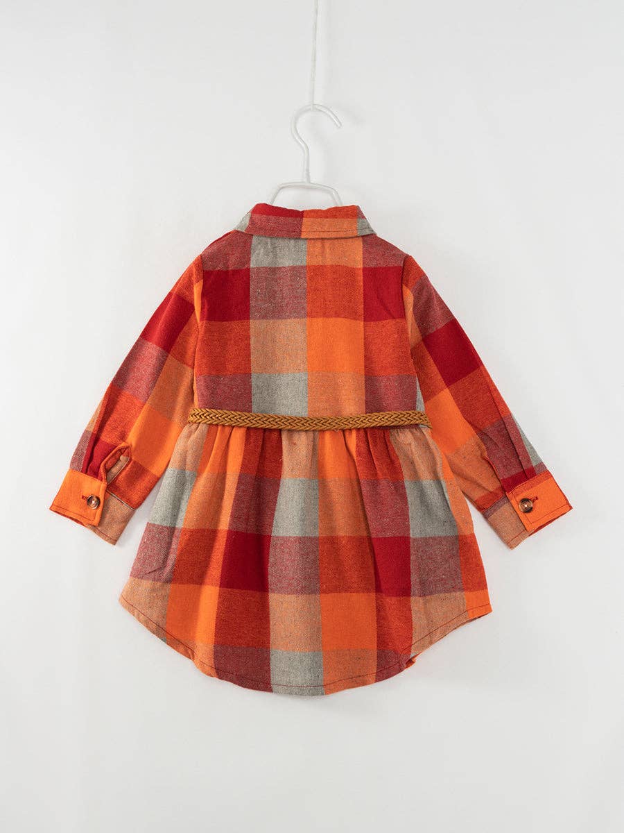 Orange Plaid Girl Shirt Dress with Belt: 7Y