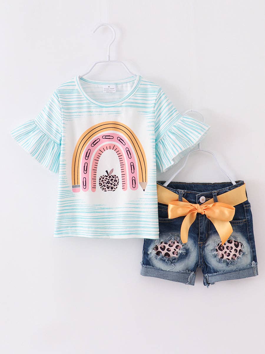 Back to School Rainbow Apple Girl Denim Short Set: 7Y