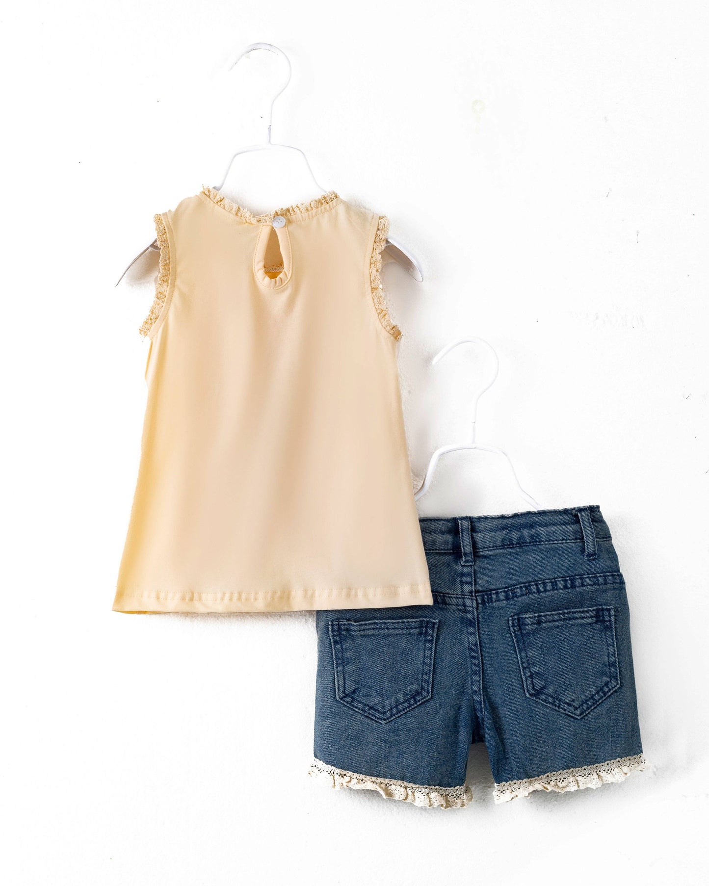 Summer 2024 Pink Smile Daisy Girl Denim Short Set: 6Y