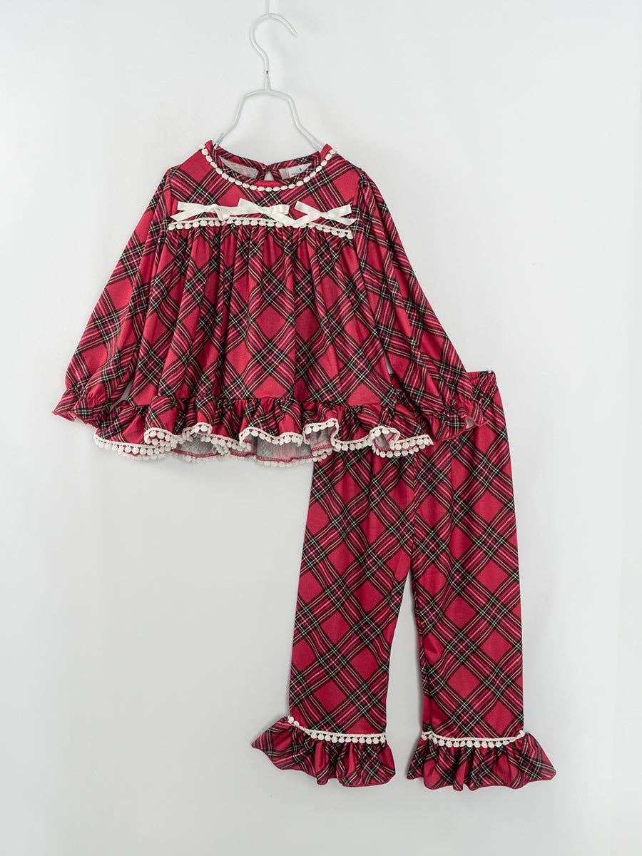 Red Plaid Ribbon Ruffle Girl Outfit Pajamas: 7Y