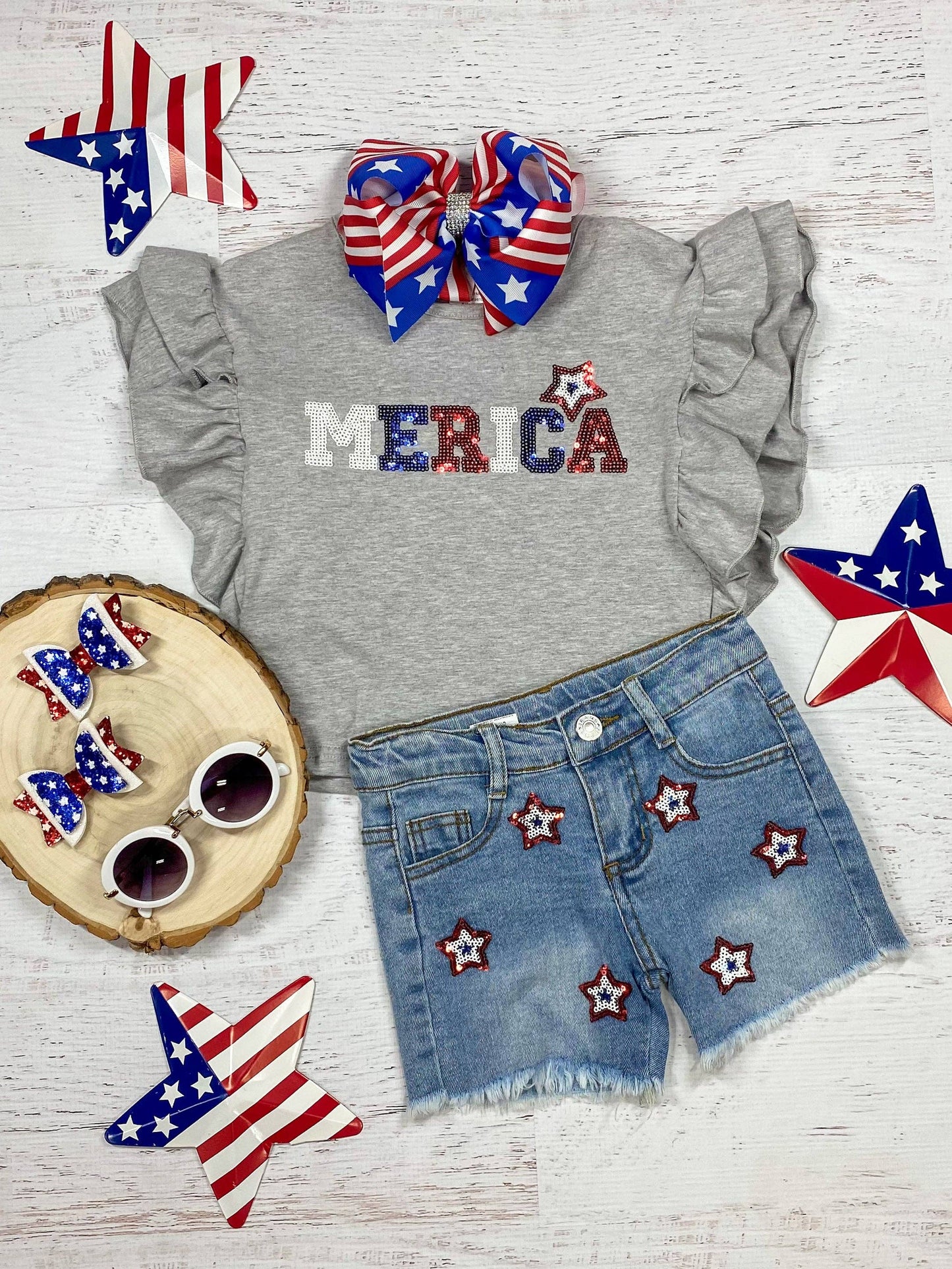 'Merica Ruffle Sleeve Grey Top: 8y