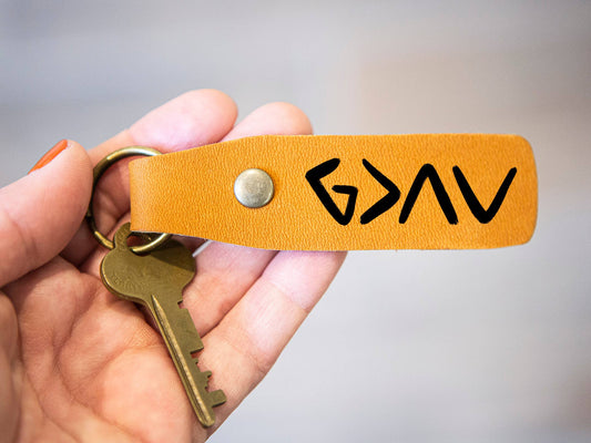 God is Greater than Highs and Lows Leather Keychain